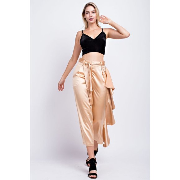 Women's Casual Tie Front Silky Side Ruffle Culottes Wide Leg Pants - Picture 3 of 10